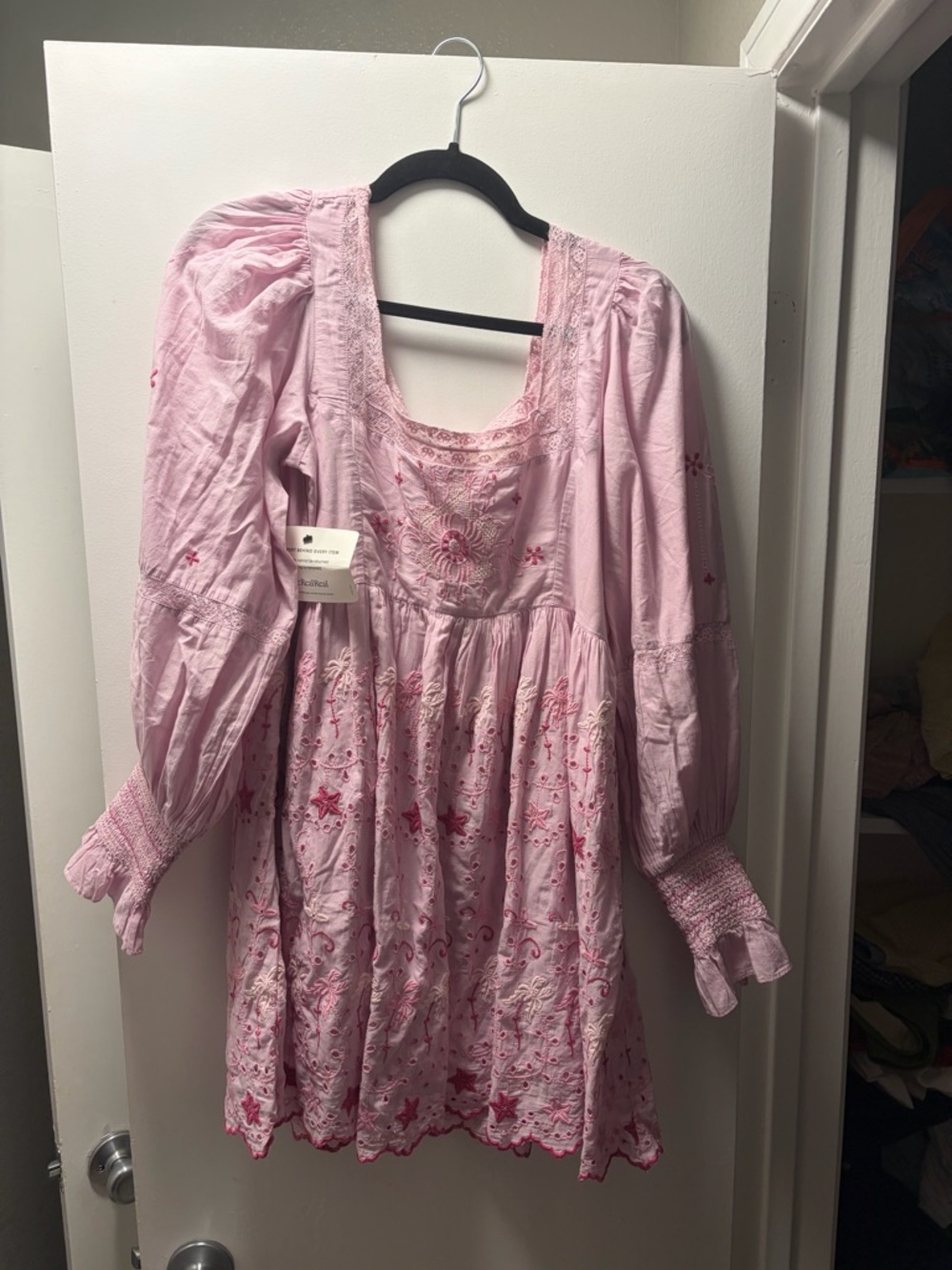 LoveShackFancy Pink Embroidered Puff-Sleeve Mini Dress
